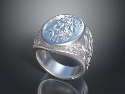 Fashionable Silver Men's Ring With Intricate Engraved Design And Decorative Band 3d model