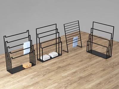 Black Metal Display Racks with Folded Fabrics and Box in Modern Design on Wooden Floor 3d model