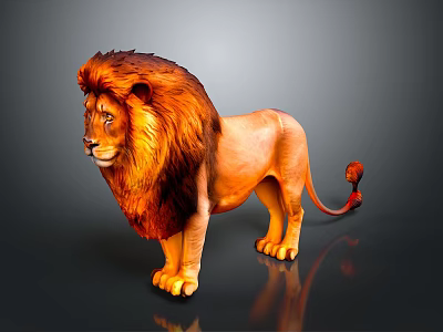 Realistic Lion with Thick Mane Standing on Gray Background Showing Reflection 3d model