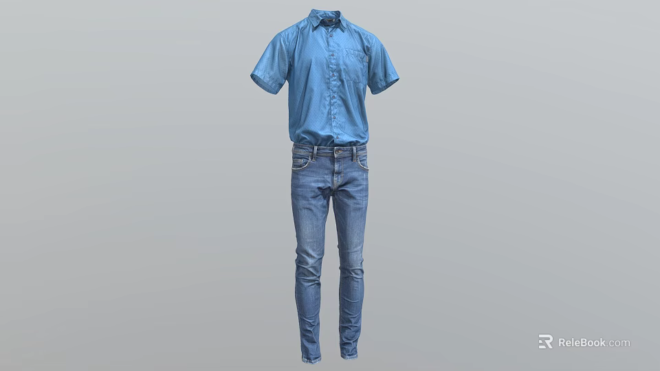 Stylish Blue Short Sleeve Shirt With Slim Fit Blue Jeans Casual Outfit 3d model 