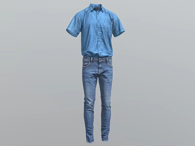 Stylish Blue Short Sleeve Shirt With Slim Fit Blue Jeans Casual Outfit 3d model