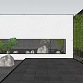 Modern Courtyard Rockery Stones with Sand Ground Circular Patterns Green Trees and Lighting