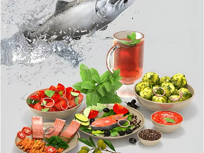 Fresh Salmon Dish With Cherry Tomatoes Green Vegetable Balls Mint Drink And Spices 3d model
