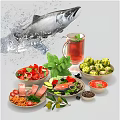 Fresh Salmon Dish With Cherry Tomatoes Green Vegetable Balls Mint Drink And Spices