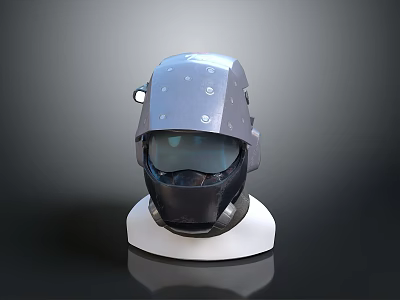 Tactical Weapon Helmet Featuring Protective Visor And Metal Construction Displayed On Stand 3d model