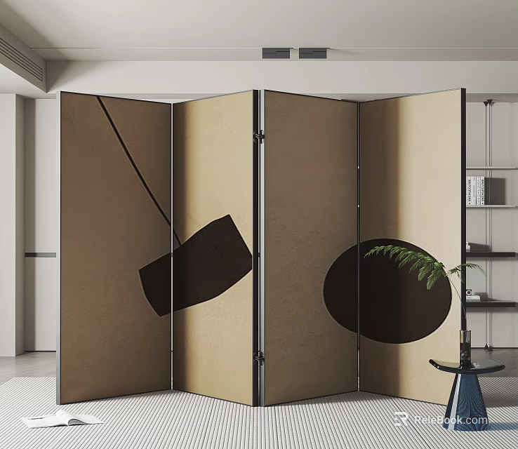 Modern Room Divider With Beige Fabric Panels Black Geometric Accents And Green Plant In Interior 3d model 