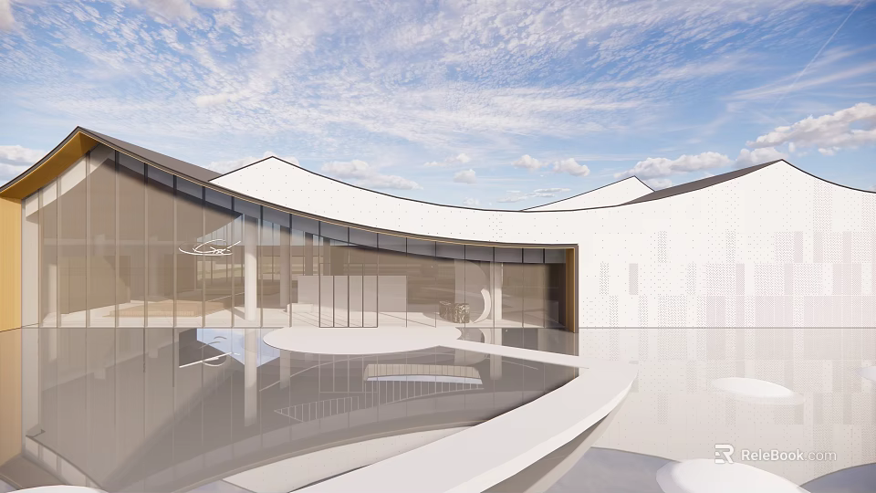 Modern Building Exterior With Curved Roof Glass Curtain Walls White Walls And Water Reflection 3d model 