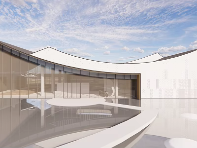 Modern Building Exterior With Curved Roof Glass Curtain Walls White Walls And Water Reflection 3d model