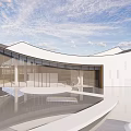 Modern Building Exterior With Curved Roof Glass Curtain Walls White Walls And Water Reflection