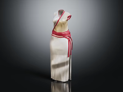 Sleeveless White Long Dress With Red Belt And Vertical Stripes Design 3d model
