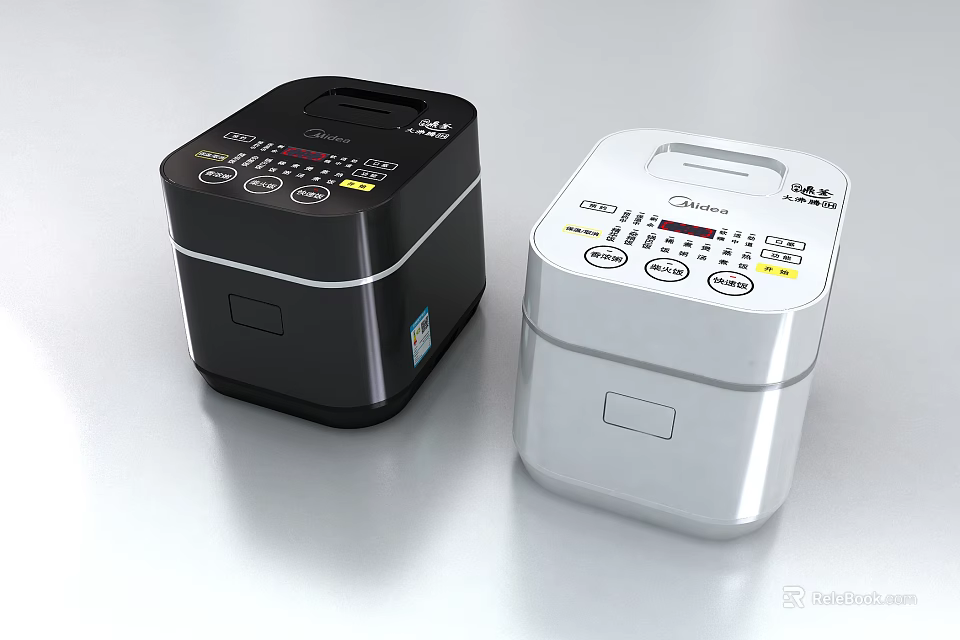 Two Black and White Midea Rice Cookers as Modern Kitchen Appliances with Digital Control Panels 3d model 