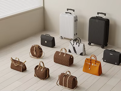 Fashionable Luggage and Bags Various Styles Different Colors Displayed in Room Corner on Wooden Floor 3d model