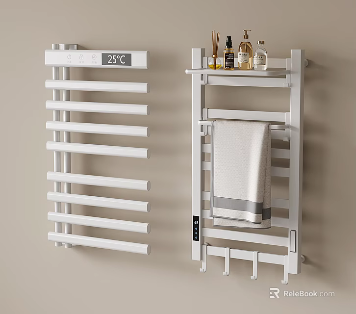Bathroom Accessories White Heated Towel Rail With Temperature Display And Shelf And Towel Holders 3d model 