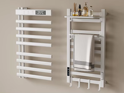 Bathroom Accessories White Heated Towel Rail With Temperature Display And Shelf And Towel Holders 3d model