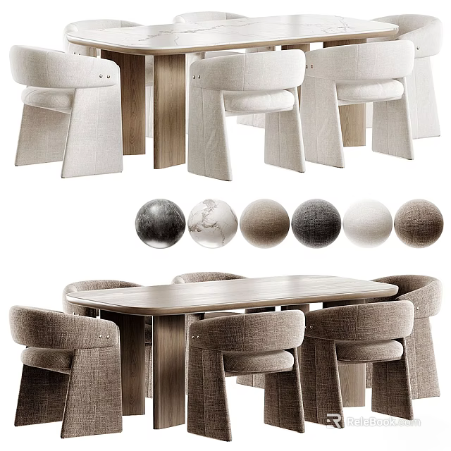 Modern Wabi Sabi Style Solid Wood Dining Table And Upholstered Fabric Dining Chairs Combination 3d model 