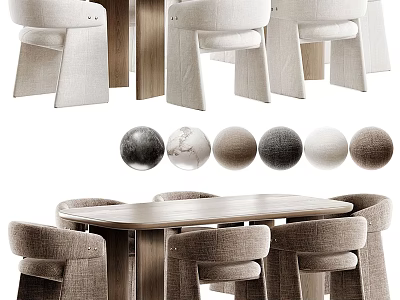 Modern Wabi Sabi Style Solid Wood Dining Table And Upholstered Fabric Dining Chairs Combination 3d model
