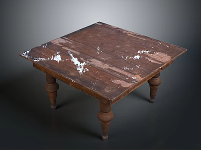 Vintage Wooden Table With Worn Tabletop And White Patches On Carved Wooden Legs 3d model