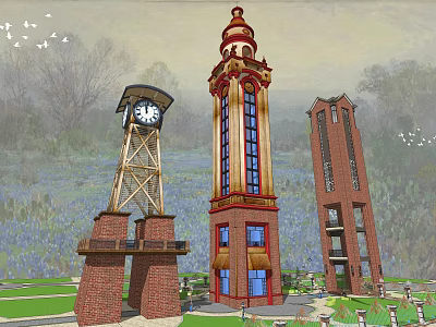 Tall Red Tower With Golden Accents And Clock Tower In Park With Blue Flowers 3d model