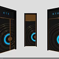 Modern KTV Swing Doors Featuring Geometric Patterns Gold Lines and Blue Accents