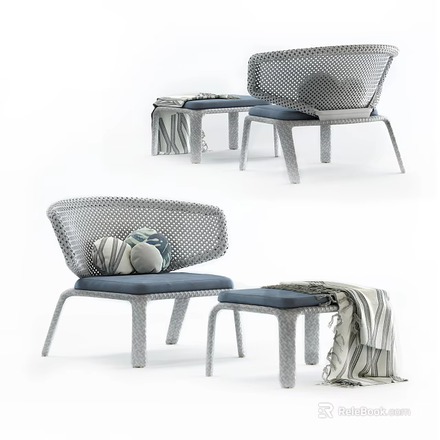Woven Lounge Chair With Blue Cushion Matching Ottoman Decorative Pillows And Soft Blanket 3d model 