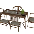 Traditional Wooden Tea Table and Chairs Set with Stools Tea Set and Potted Plant