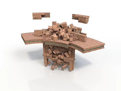 Detailed Crumbling Brick Building Structure With Collapsing Walls And Scattered Debris 3d model