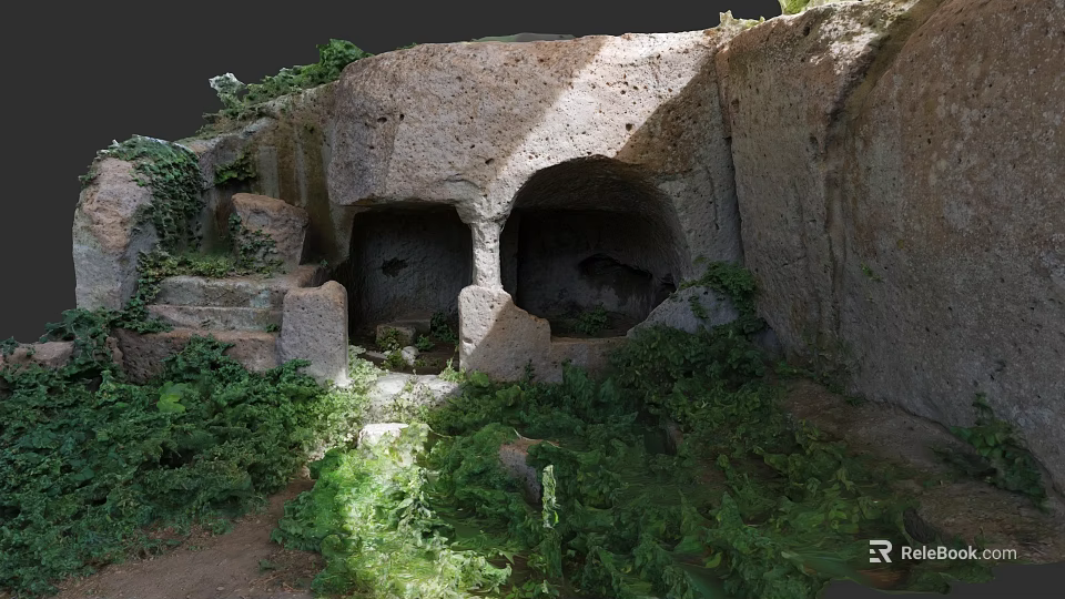 Natural Garden Landscape With Rocky Caves Stone Steps And Lush Green Vegetation 3d model 