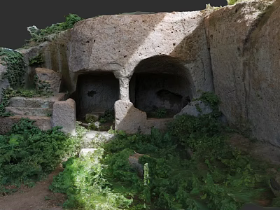 Natural Garden Landscape With Rocky Caves Stone Steps And Lush Green Vegetation 3d model
