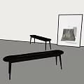 Modern Black Benches With Slim Legs Brown Seat Stripes On Gray Floor With Artwork
