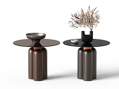 Modern Side Tables With Cylindrical Bases Round Black Tops And Decorative Metal Bowl Vase 3d model