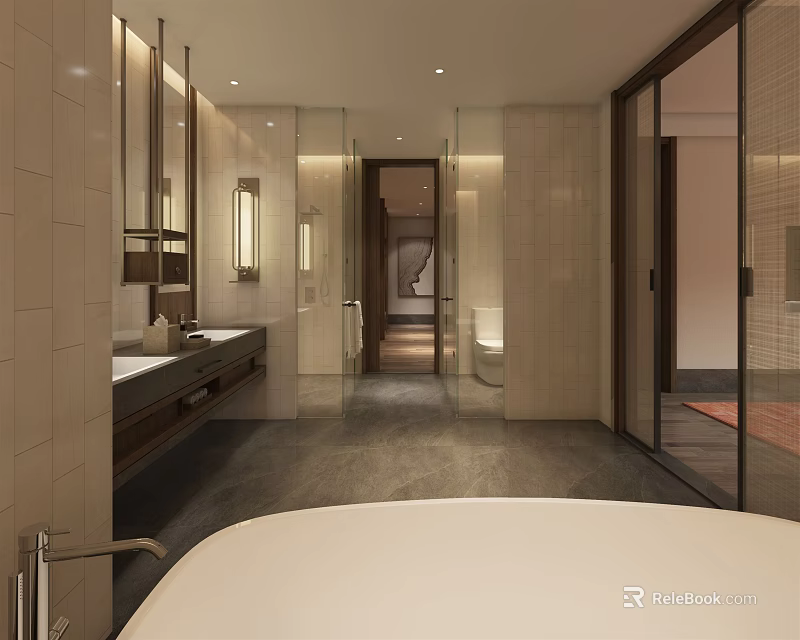 Modern Hotel Bathroom Interior With Bathtub Vanity Mirror Tiled Walls And Lighting 3d model 