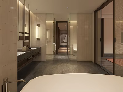 Modern Hotel Bathroom Interior With Bathtub Vanity Mirror Tiled Walls And Lighting 3d model
