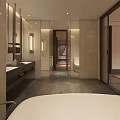 Modern Hotel Bathroom Interior With Bathtub Vanity Mirror Tiled Walls And Lighting