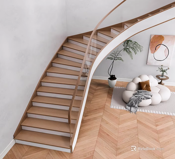Modern Staircase With Wooden Steps Glass Railing And Herringbone Flooring In Light Gray Interior 3d model 