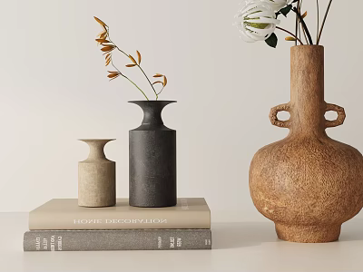 Stacked Books With Decorative Vases And Plant Decor For Home Interior 3d model