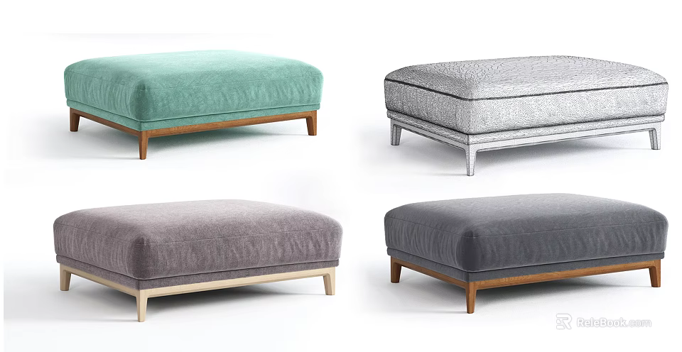 Modern Velvet Upholstered Ottoman Stools With Various Colors And Wooden Metal Legs 3d model 