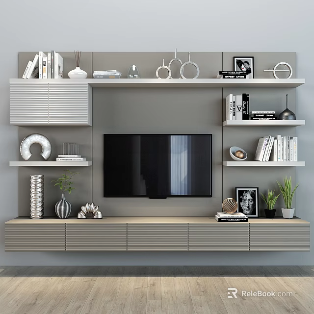 Modern TV Stand Design with Shelves Books Decorative Items and Potted Plants 3d model 