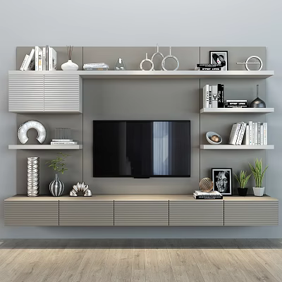 Modern TV Stand Design with Shelves Books Decorative Items and Potted Plants 3d model