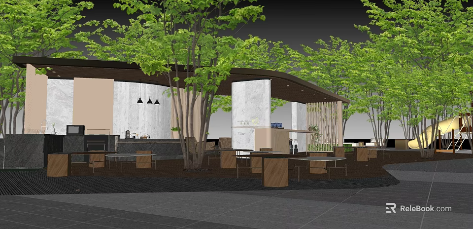 Modern Outdoor Pergola Design With Green Trees Wooden Tables Chairs And Bar Counter 3d model 