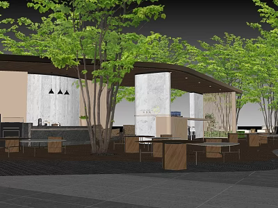 Modern Outdoor Pergola Design With Green Trees Wooden Tables Chairs And Bar Counter 3d model
