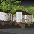 Modern Outdoor Pergola Design With Green Trees Wooden Tables Chairs And Bar Counter