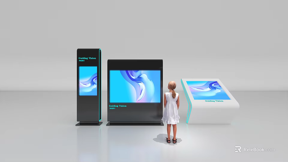 Public Facilities Information Display Screens With Various Shapes Sizes Blue Patterns And Girl Using 3d model 
