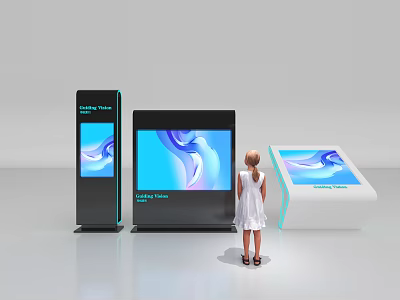 Public Facilities Information Display Screens With Various Shapes Sizes Blue Patterns And Girl Using 3d model