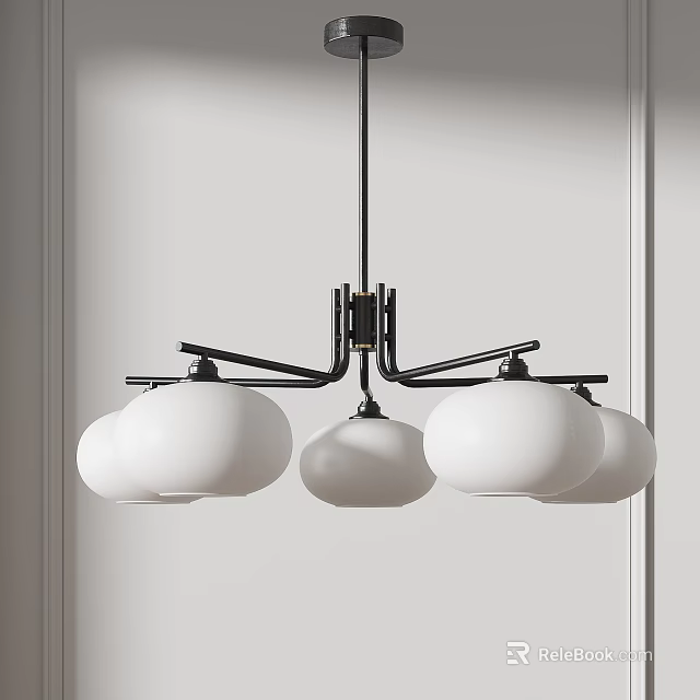 Modern Minimalist Chandelier With Black Metal Frame And White Spherical Shades 3d model 