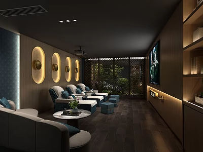 SPA Sauna Modern Interior With Comfortable Lounge Seats Wooden Decor And Natural View 3d model