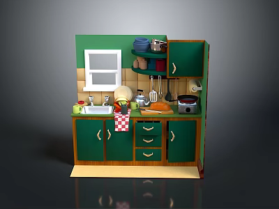 Green Kitchen Interior With Cabinets Window Sink Microwave And Kitchen Items 3d model