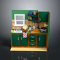 Green Kitchen Interior With Cabinets Window Sink Microwave And Kitchen Items 3d model