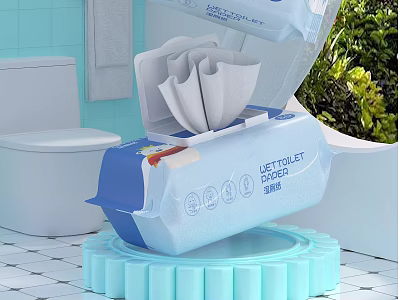 Wet Toilet Tissue in Bathroom with Open Packaging and White Toilet Near Green Plants 3d model