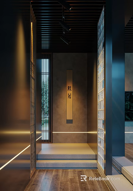 Japanese Style Entryway Hallway With Sliding Shoji Doors Warm Lighting And Decorative Wall 3d model 