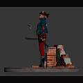Construction Worker In Red Pants And Black Vest Standing With Tools Bricks On Circular Platform 3d model